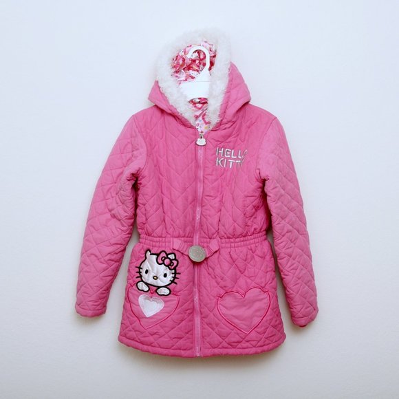 Hello Kitty by Sanrio Girls Quilted Fur Hooded Jacket